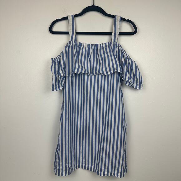 Anthropologie Whit Two Womens Ruffle Off The Shoulder Blue/White Striped Dress - Picture 1 of 8